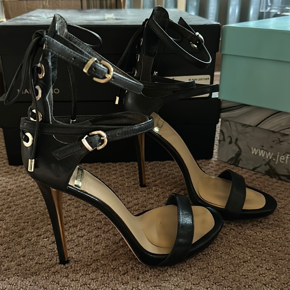 Marciano black leather stiletto Heels sandals Cage ankle wrap 36 s 6